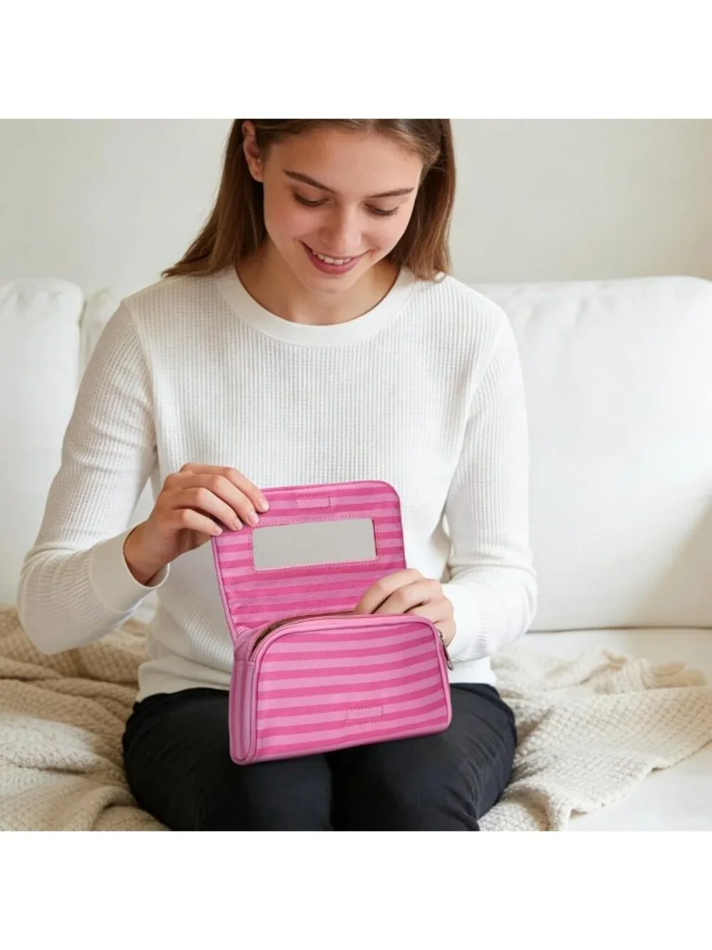 Trendy Pink Stripe Nylon Makeup Bag with Mirror | Portable Lightweight Cosmetic